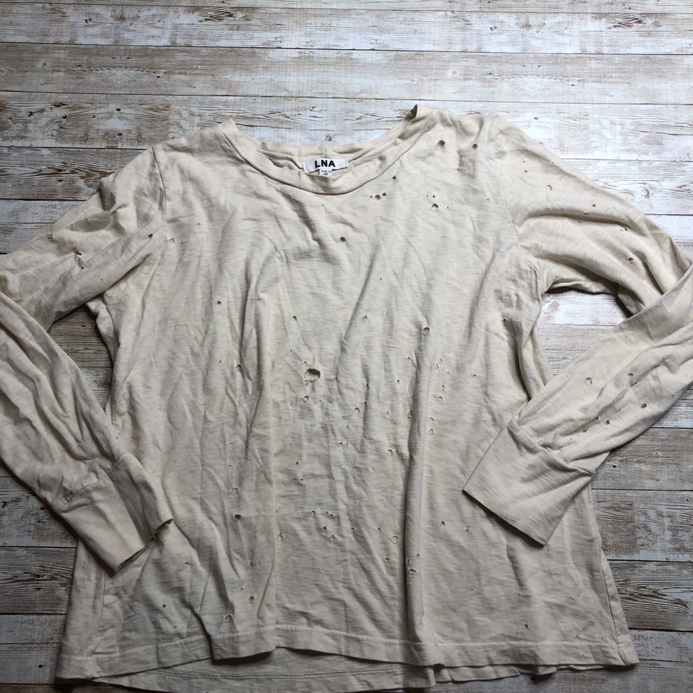 LNA Cream Distressed Long Sleeve Tee